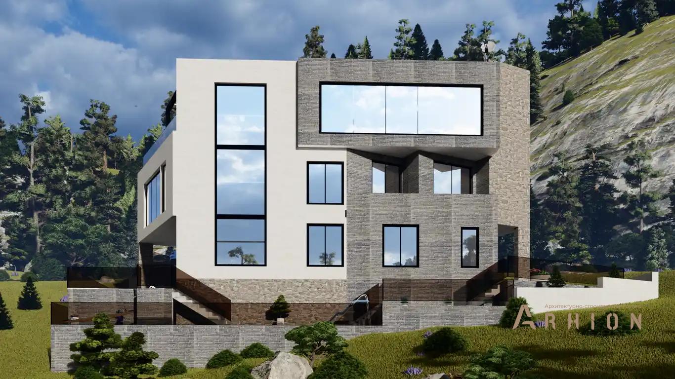 5. Проект трехэтажного дома в стиле хай-тек с плоской кровлей , h-1626, площадью - 426 кв c терассой, балконом, гаражом, вторым светом